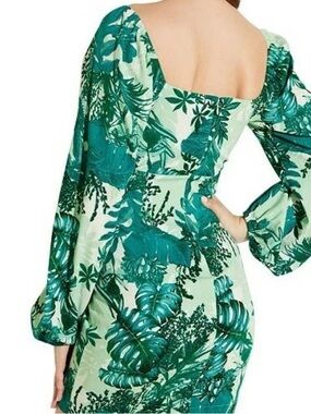 Guess Green Tropical-Leaf Long Sleeve Square-Neck Dress